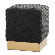EMMIT BLACK BASKET WEAVE LEATHER OTTOMAN